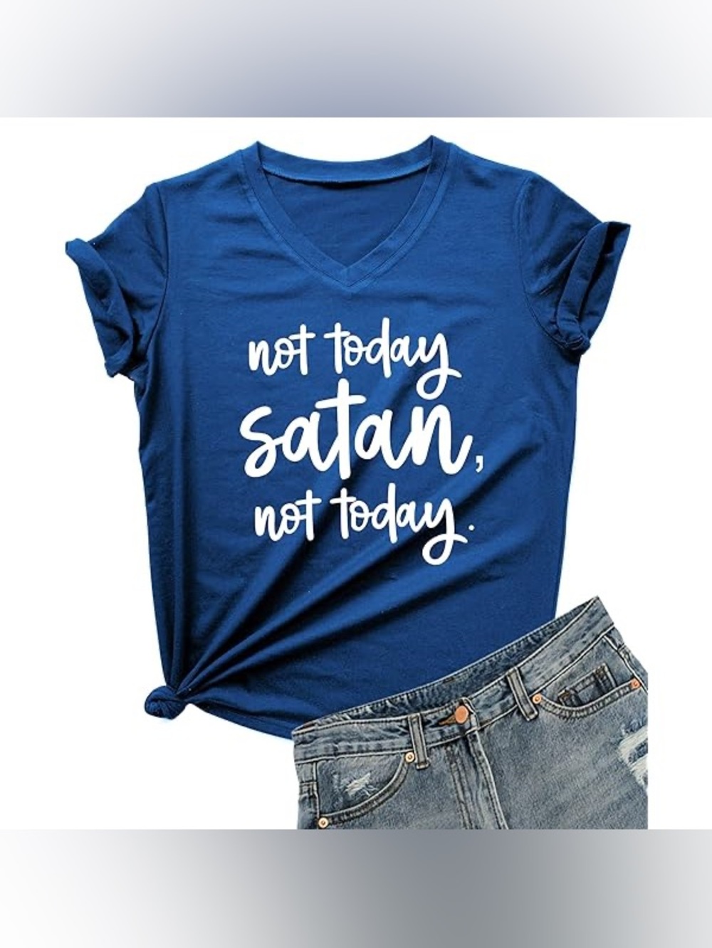 “Not Today Satan” Graphic Tee | Blue V-Neck T-Shirt XXL | Funny Casual Top
